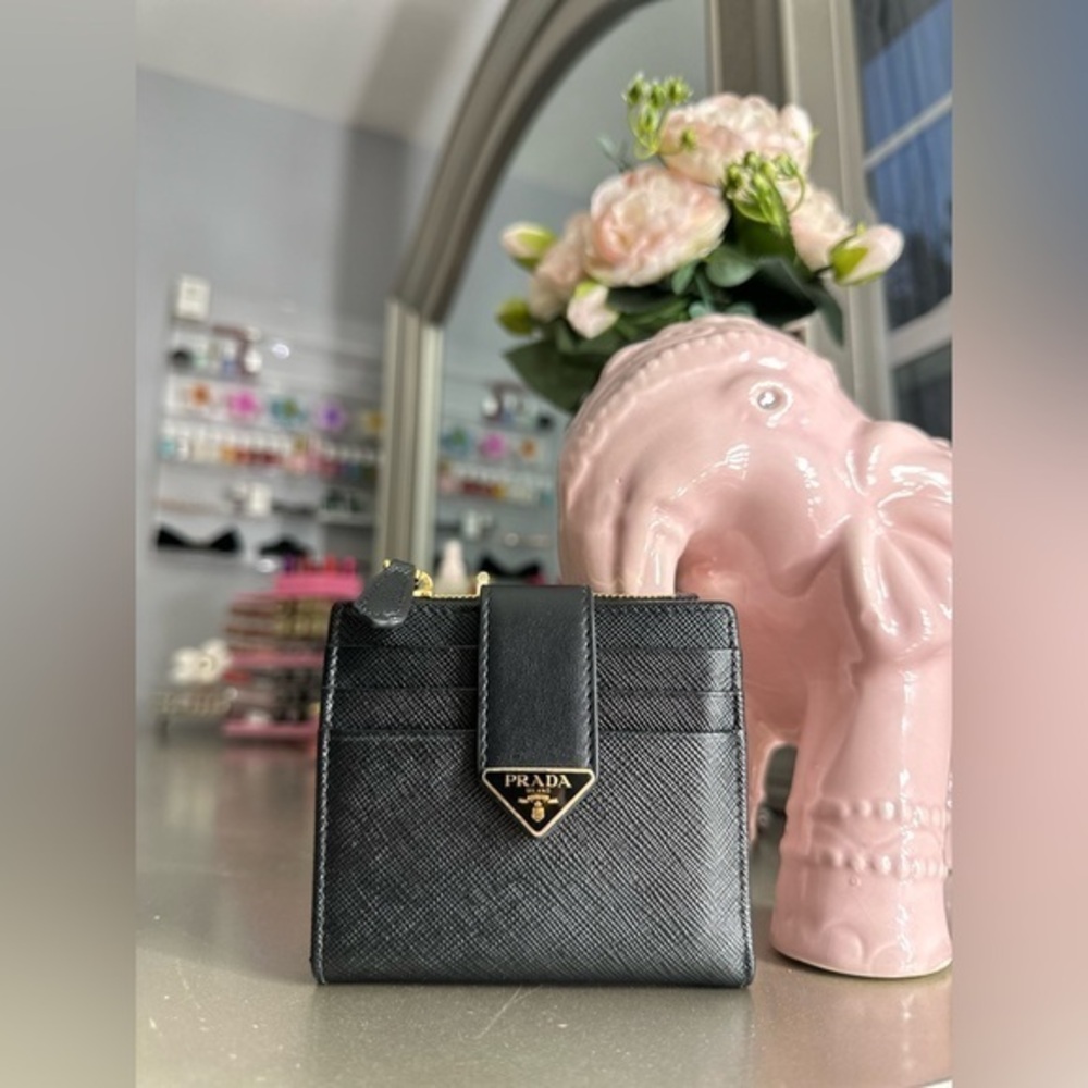 Prada Saffiano Smooth Calfskin Tab Card Holder Compact Wallet Black